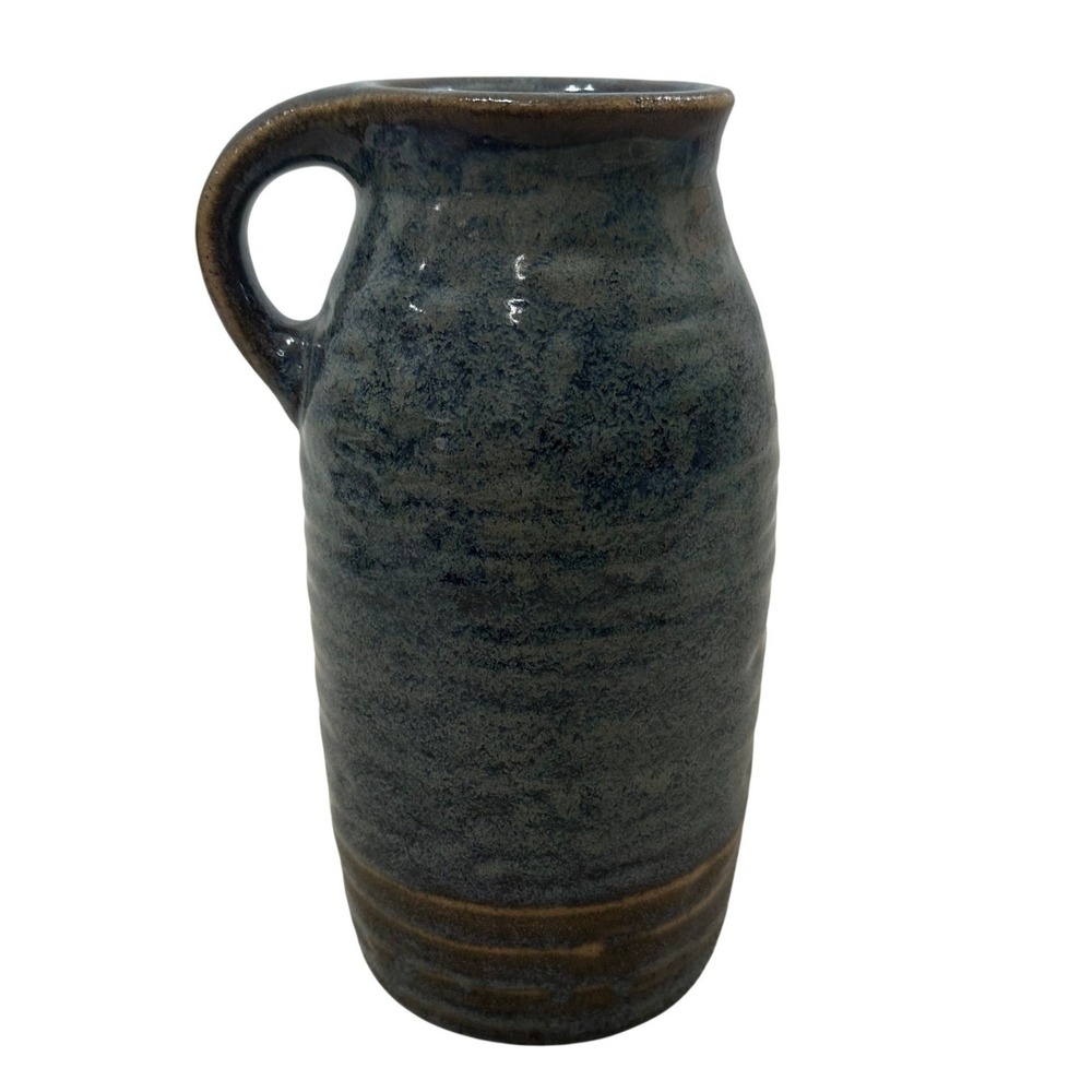 Pottery Blue Brown Reactive Glaze Textured Stoneware Pitcher Vase 10.5in